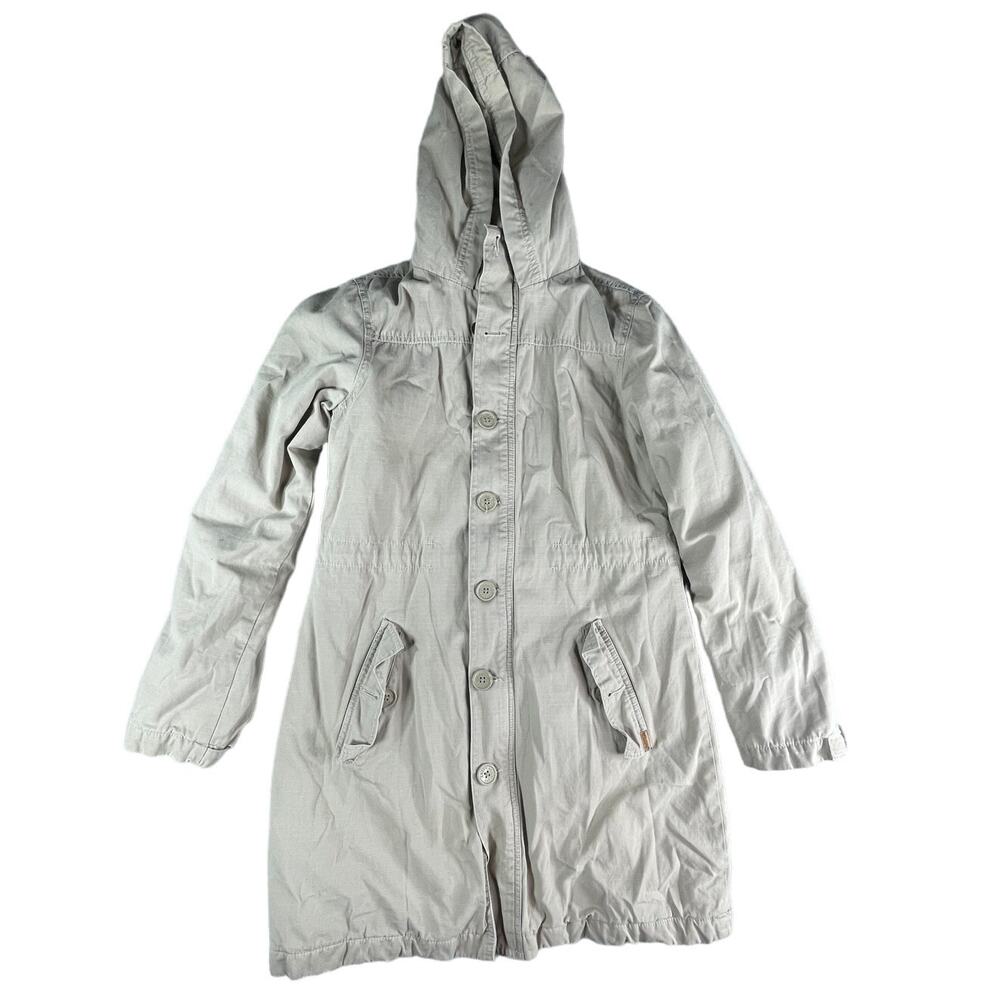 American Eagle Jacket Womens Small Tan Khaki Button Front Zip Hooded Parka Coat